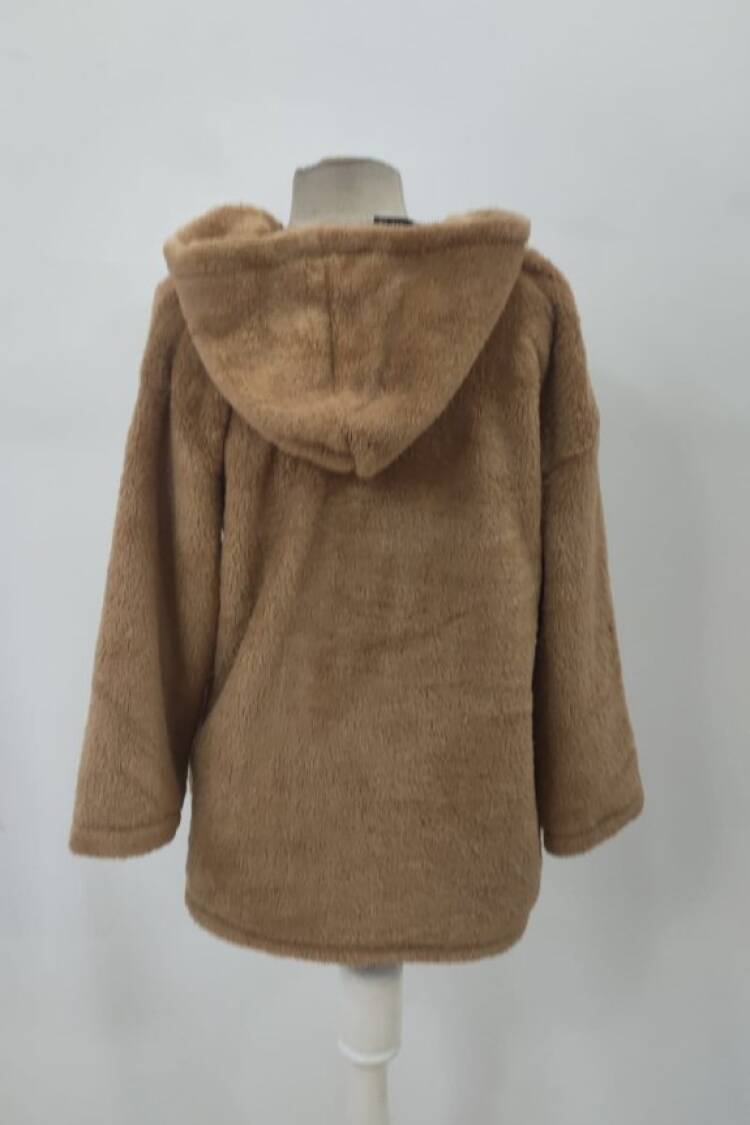 Brown Teddy Jacket With Hooded Collar And Zip Up