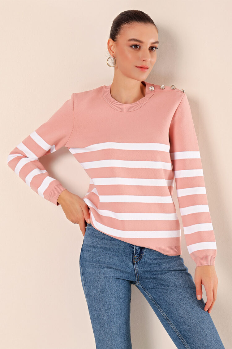 Button Detail Striped Sweater - Powder - Brand: Bigdart - Women & Kids, Baby Clothes Wholesale - Globality Store