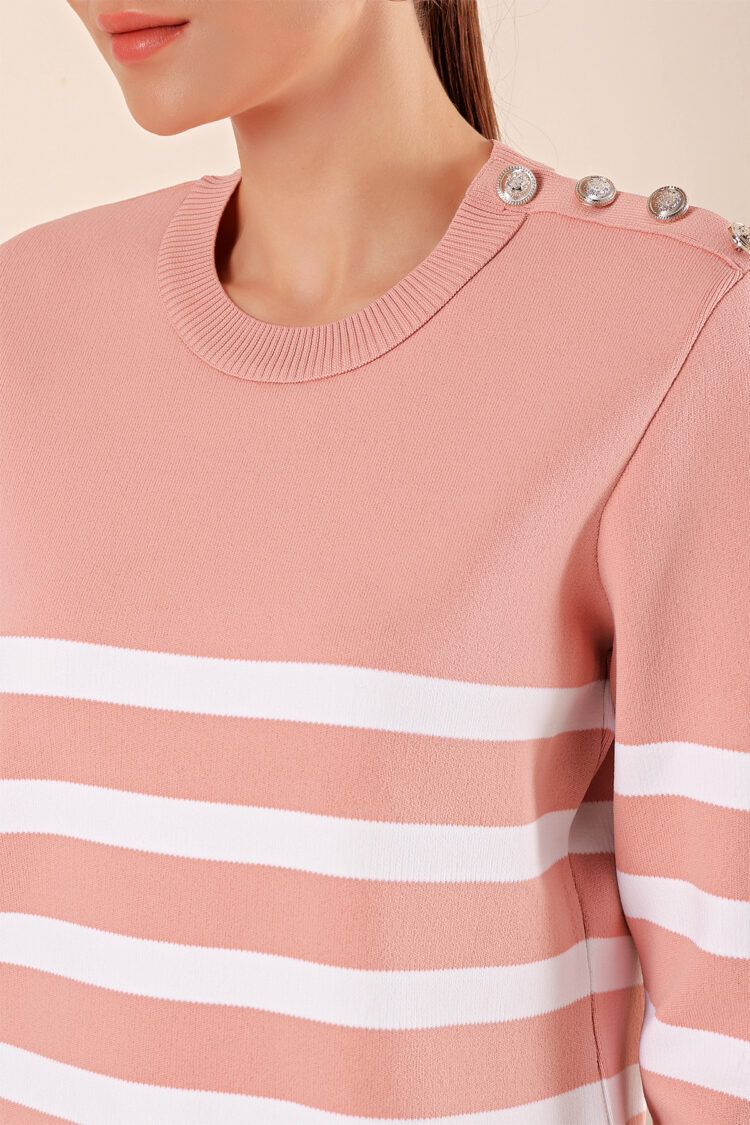 Button Detail Striped Sweater - Powder