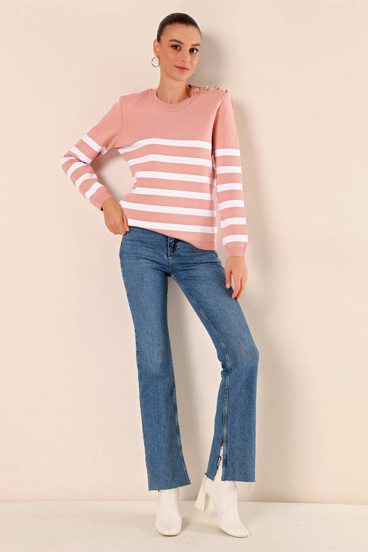 Button Detail Striped Sweater - Powder