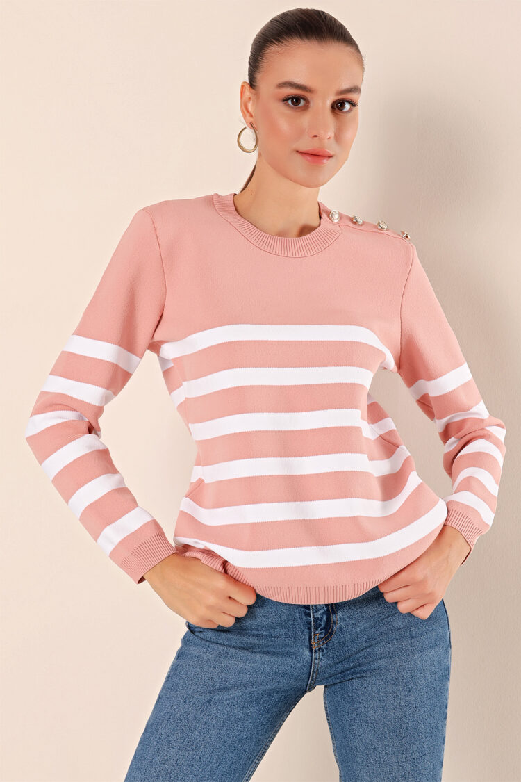 Button Detail Striped Sweater - Powder