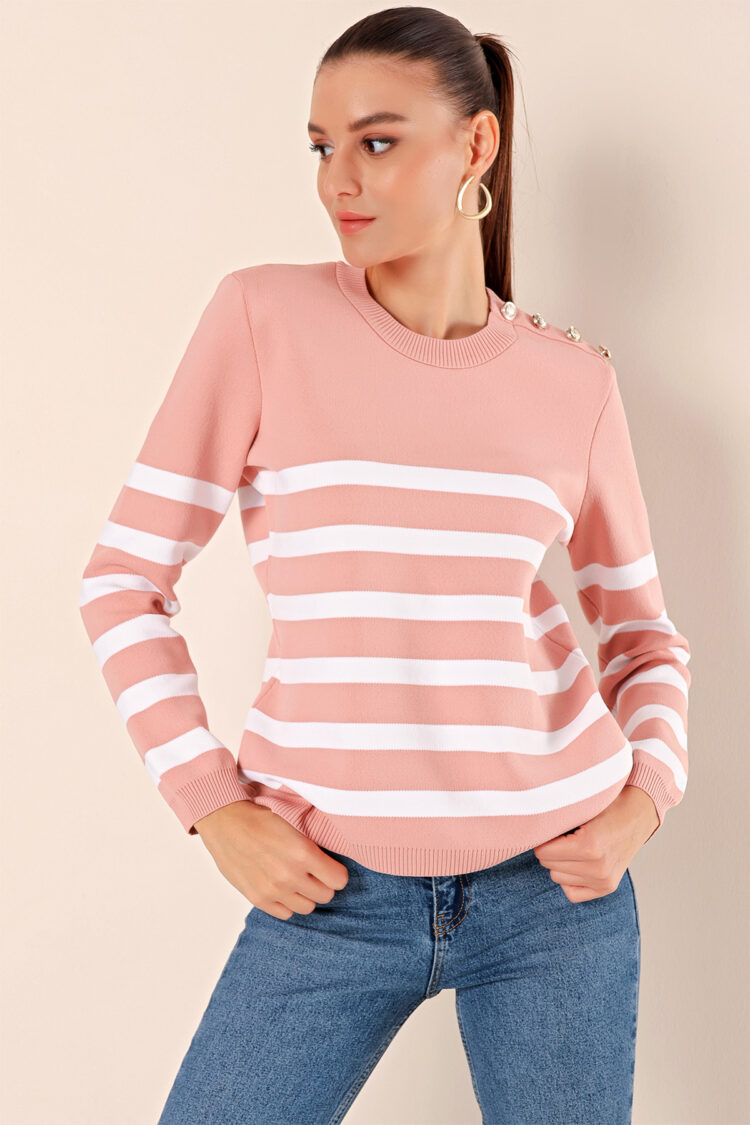 Button Detail Striped Sweater - Powder