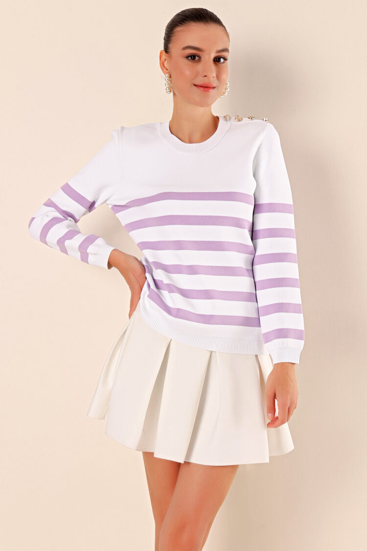 Button Detailed Striped Sweater - C.