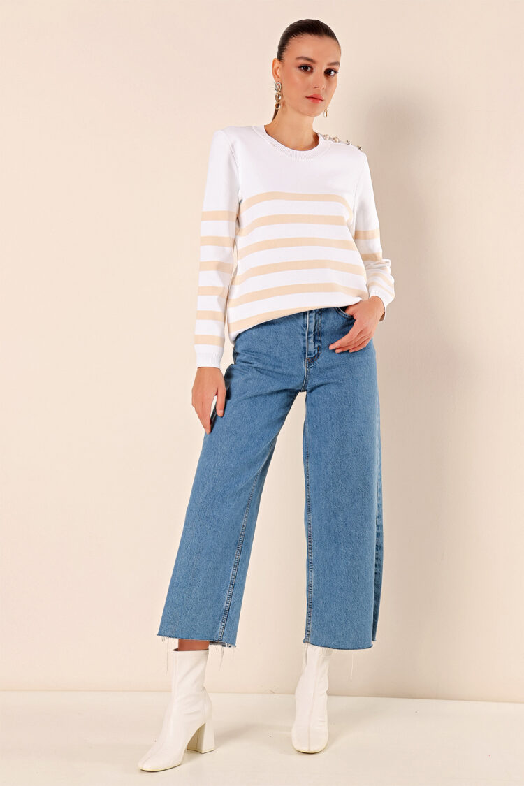 Button Detailed Striped Sweater - C.