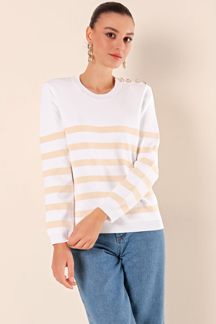 Button Detailed Striped Sweater - C.