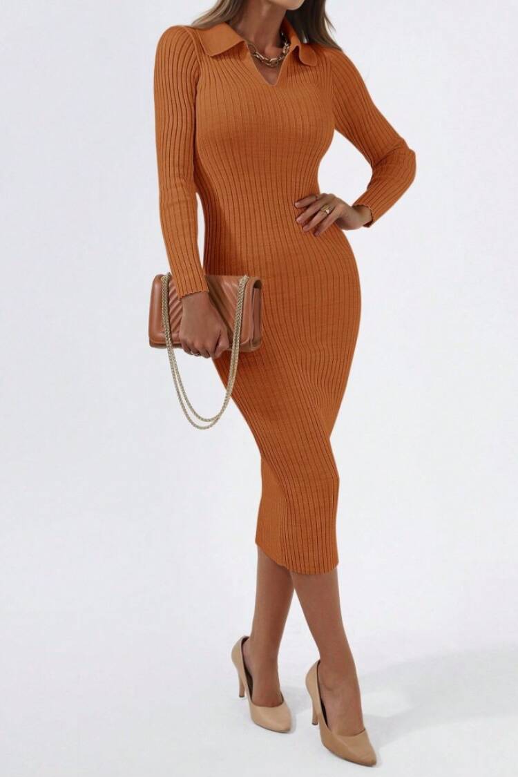 Women's Long Sleeve Collared Knitwear Dress - Milk Brown