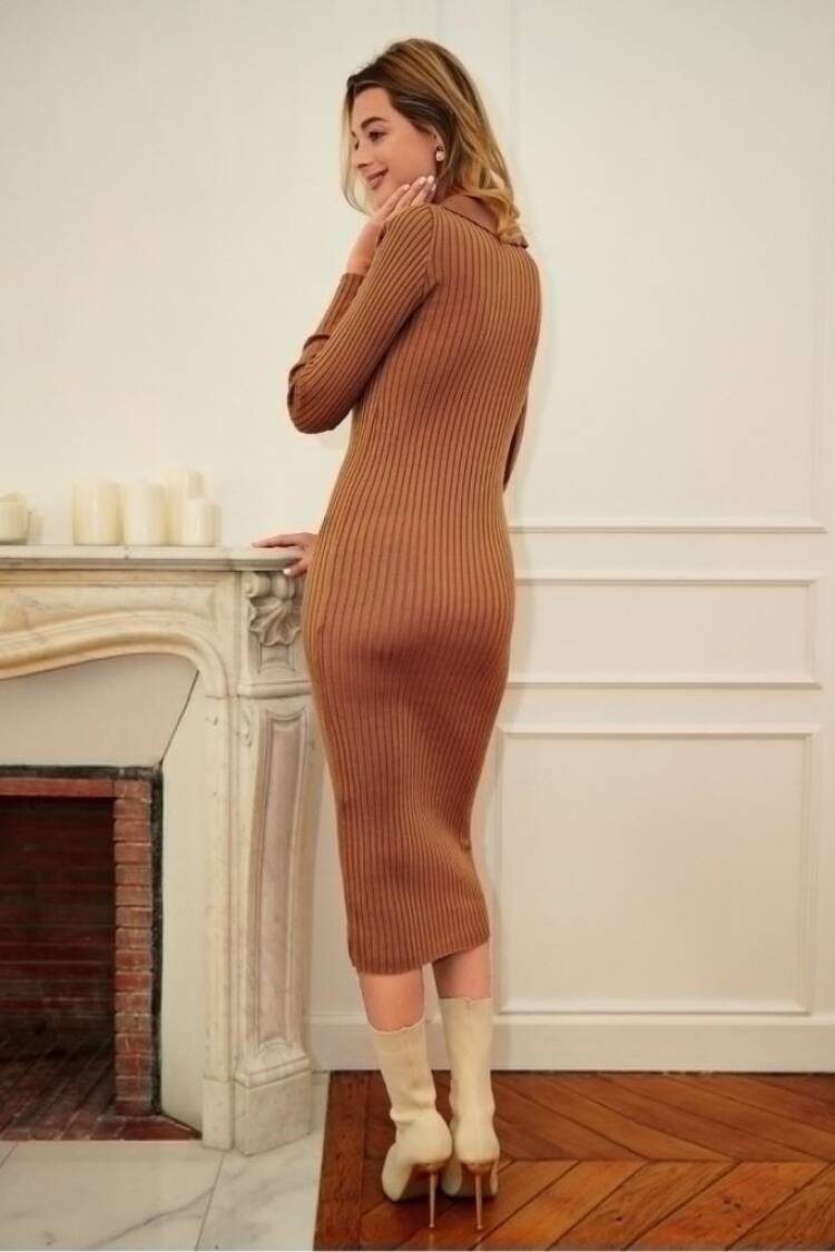 Women's Long Sleeve Collared Knitwear Dress - Milk Brown