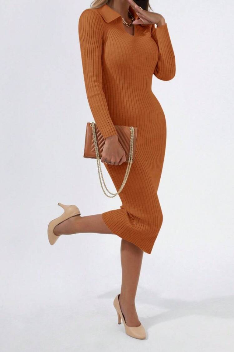 Women's Long Sleeve Collared Knitwear Dress - Milk Brown