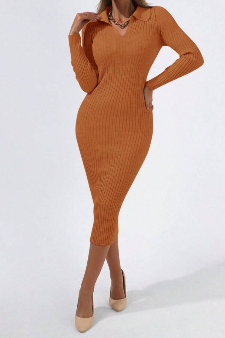Women's Long Sleeve Collared Knitwear Dress - Milk Brown