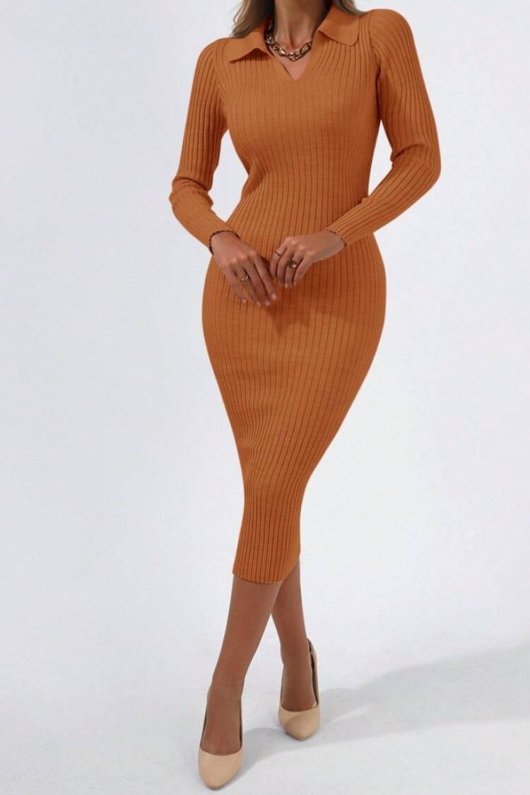 Women's Long Sleeve Collared Knitwear Dress - Milk Brown