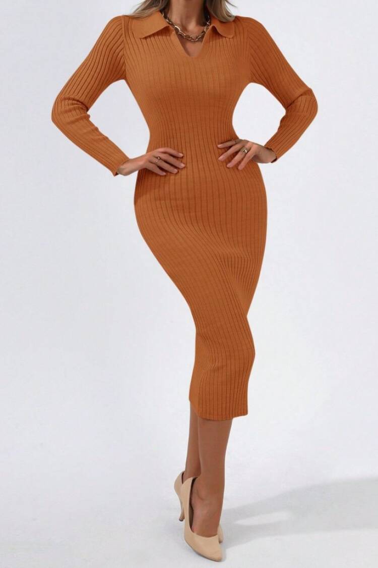 Women's Long Sleeve Collared Knitwear Dress - Milk Brown