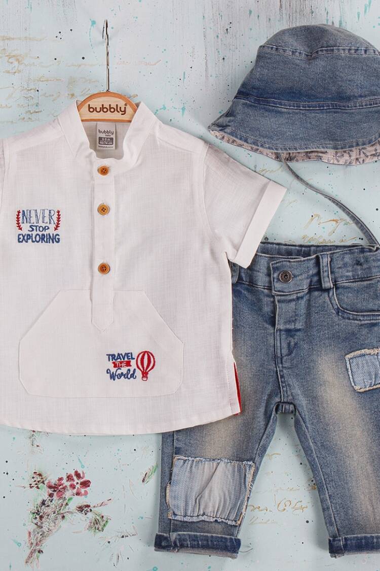 Baby Sets - Toptan Erkek Bebek 3'lü Pantolon, Gömlek ve Şapka Takım 6-24M 2035-288 - Brand: Bubbly - Women & Kids, Baby Clothes Wholesale - Globality Store
