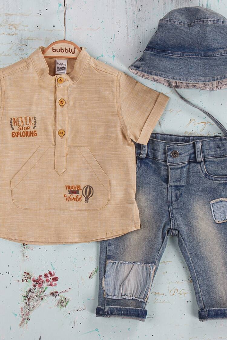 Baby Sets - Toptan Erkek Bebek 3'lü Pantolon, Gömlek ve Şapka Takım 6-24M 2035-288 - Brand: Bubbly - Women & Kids, Baby Clothes Wholesale - Globality Store