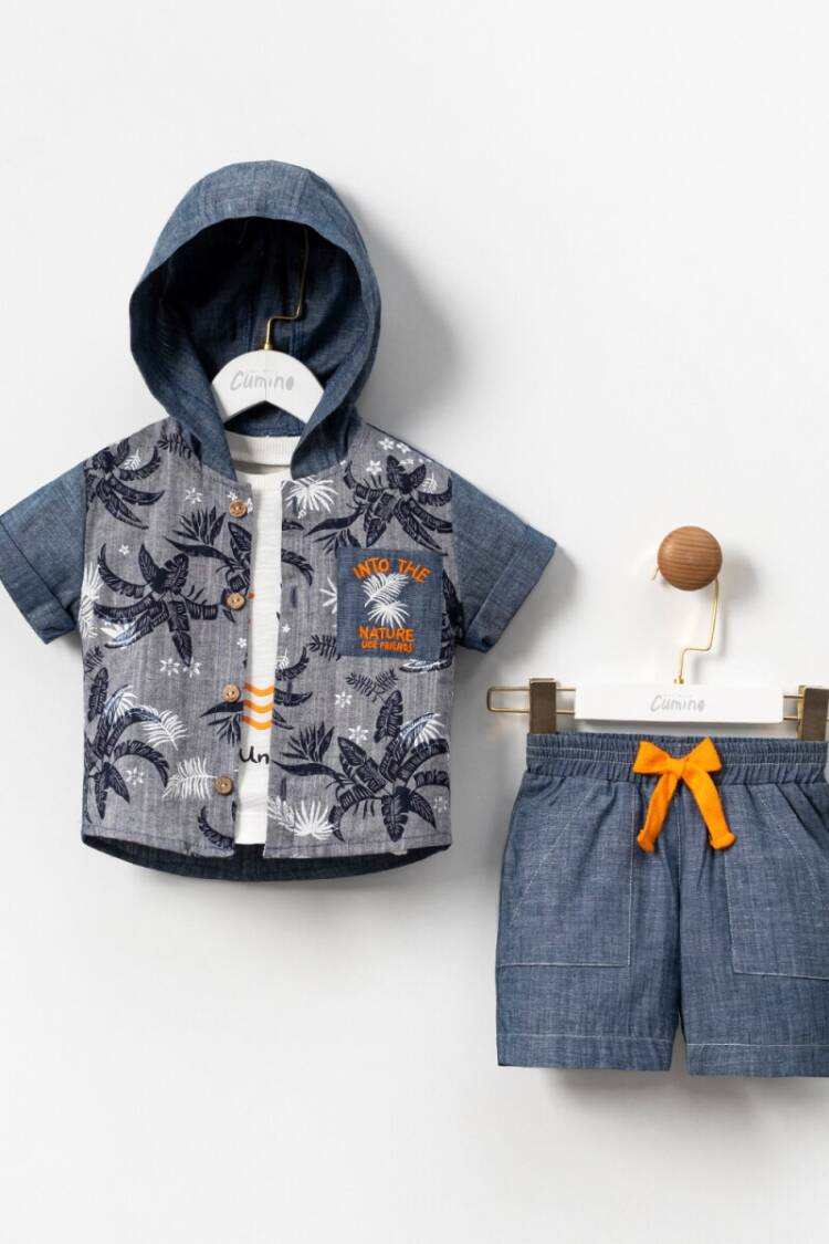 Baby Sets - Toptan Erkek Bebek 3'lü Tişört, Gömlek ve Şort Takımı 9-24M 1014-CMN3523 - Brand: Cumino - Women & Kids, Baby Clothes Wholesale - Globality Store
