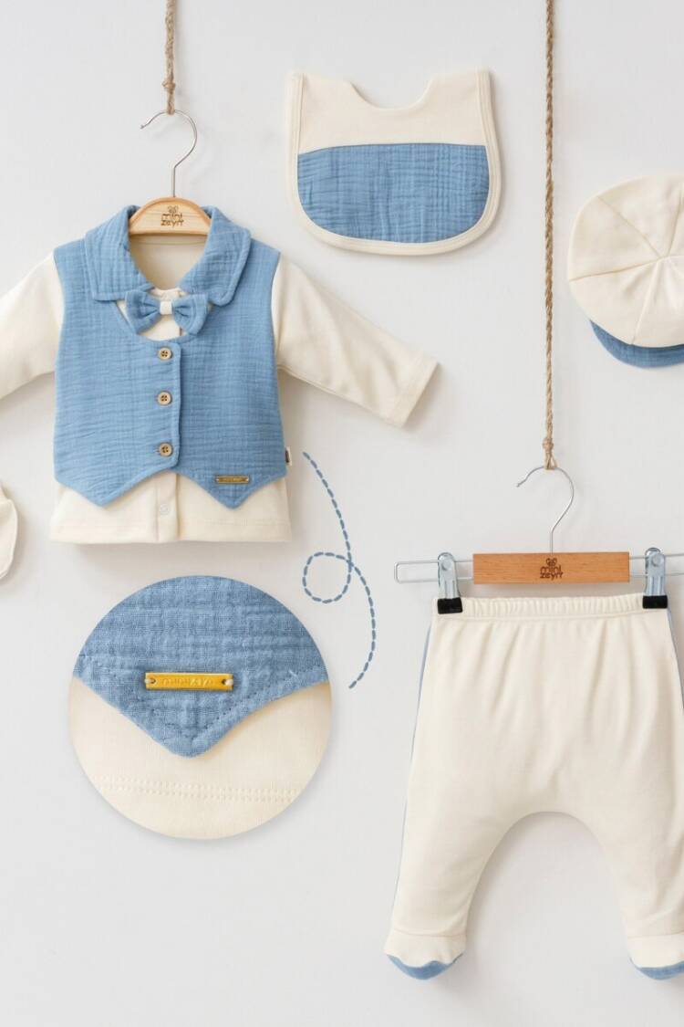 Newborn - Toptan Erkek Çocuk 5'li Yenidoğan Body Pantoln Şapka Önlük ve Eldiven Takım 0-3M 2014-7048 - Brand: Minizeyn - Women & Kids, Baby Clothes Wholesale - Globality Store