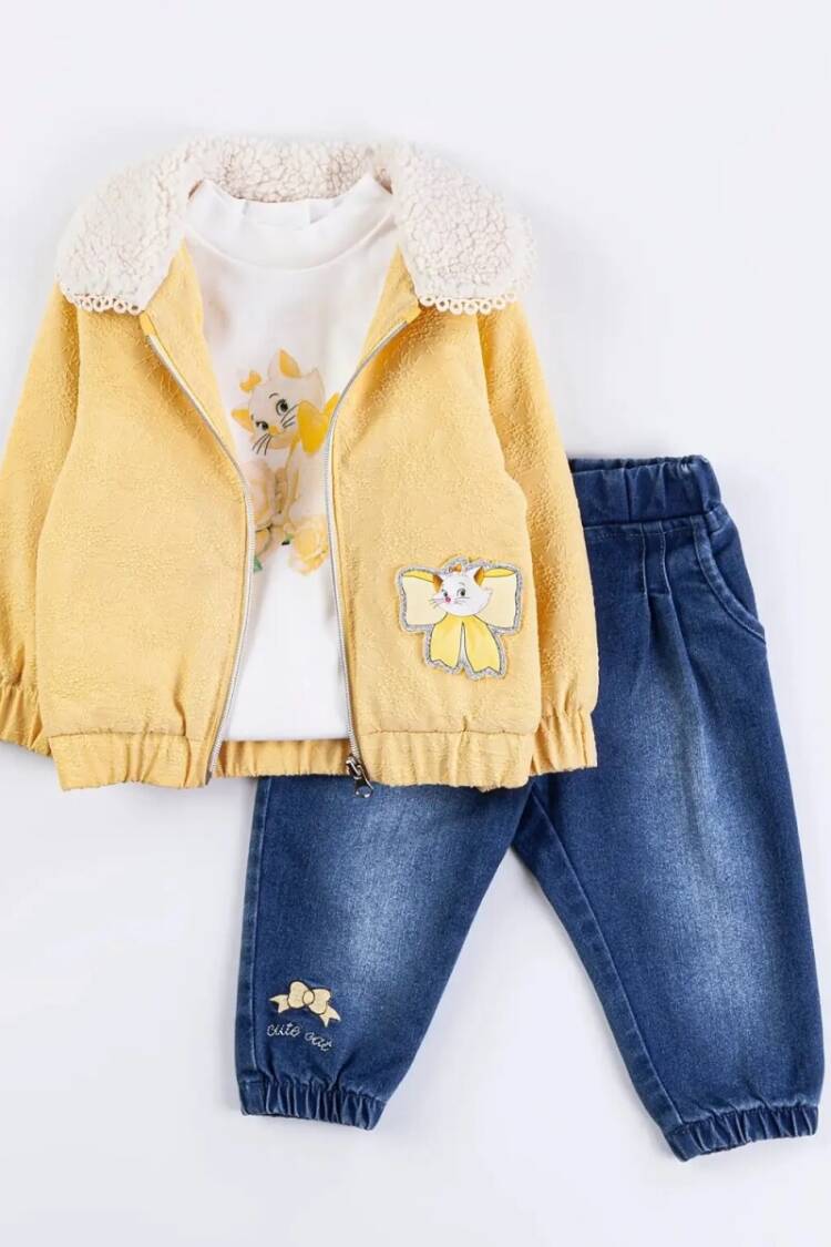 Baby Sets - Toptan Kız Bebek 3'lü Mont, Badi ve Kot Pantolon Takım 6-18M 1005-6501 - Brand: Minibombili - Women & Kids, Baby Clothes Wholesale - Globality Store