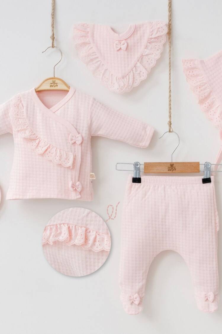 Newborn - Toptan Kız Bebek 5'li Yenidoğan Body Pantolon Önlük Şapka ve Eldiven Takım 0-3M 2014-7031 - Brand: Minizeyn - Women & Kids, Baby Clothes Wholesale - Globality Store