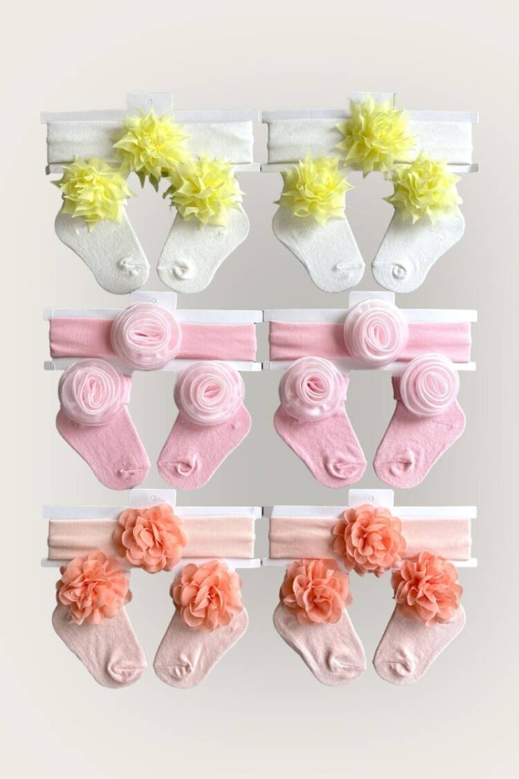 Other Accessories - Toptan Kız Bebek Çiçekli Bandana Çorap Set 0-6M 2047-1150 - Brand: Algiy Mini - Women & Kids, Baby Clothes Wholesale - Globality Store