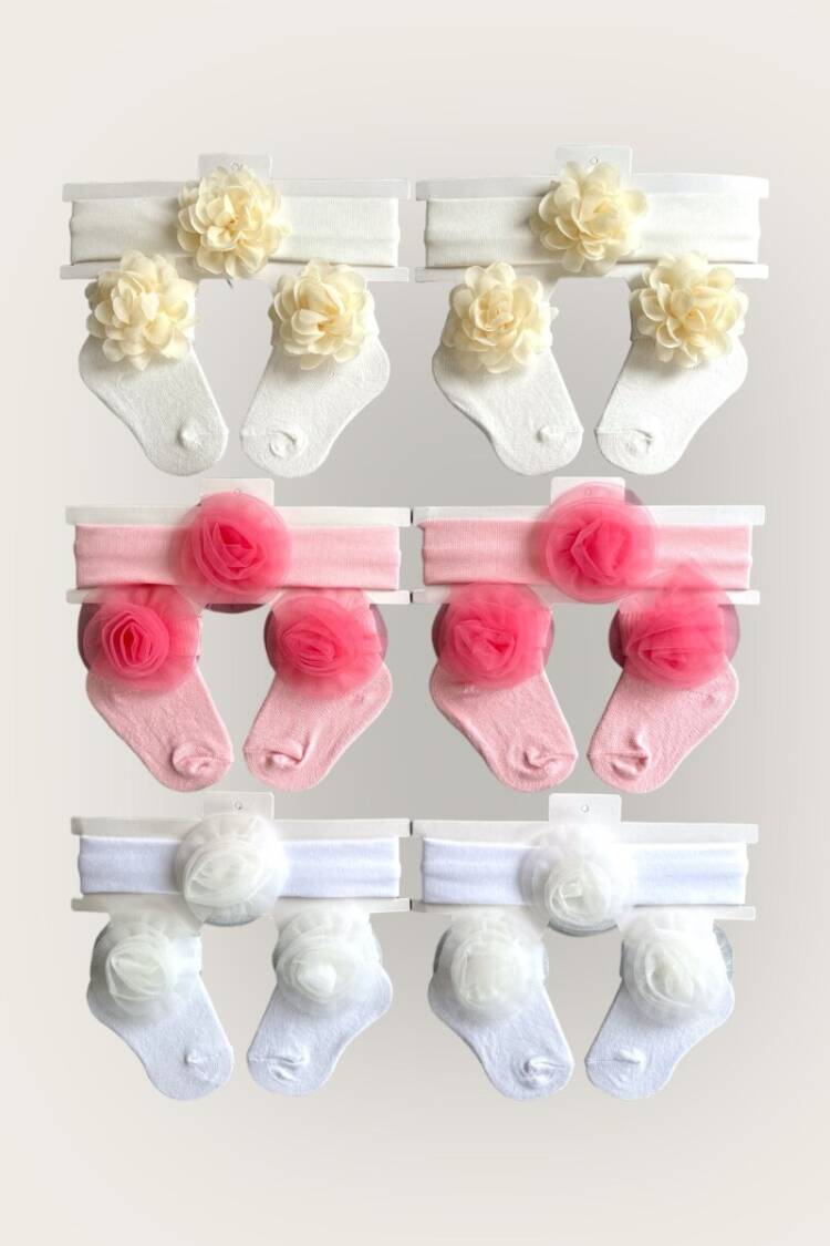 Other Accessories - Toptan Kız Bebek Çiçekli Bandana Çorap Set 0-6M 2047-1151 - Brand: Algiy Mini - Women & Kids, Baby Clothes Wholesale - Globality Store