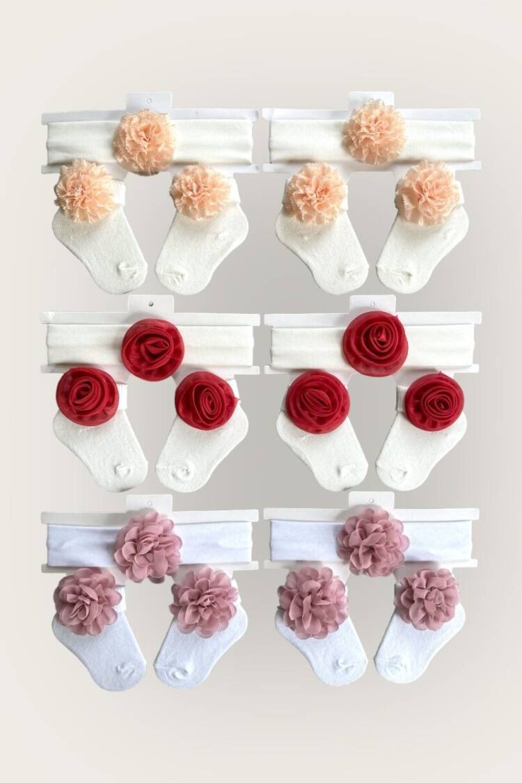 Other Accessories - Toptan Kız Bebek Çiçekli Bandana Çorap Set 0-6M 2047-1154 - Brand: Algiy Mini - Women & Kids, Baby Clothes Wholesale - Globality Store