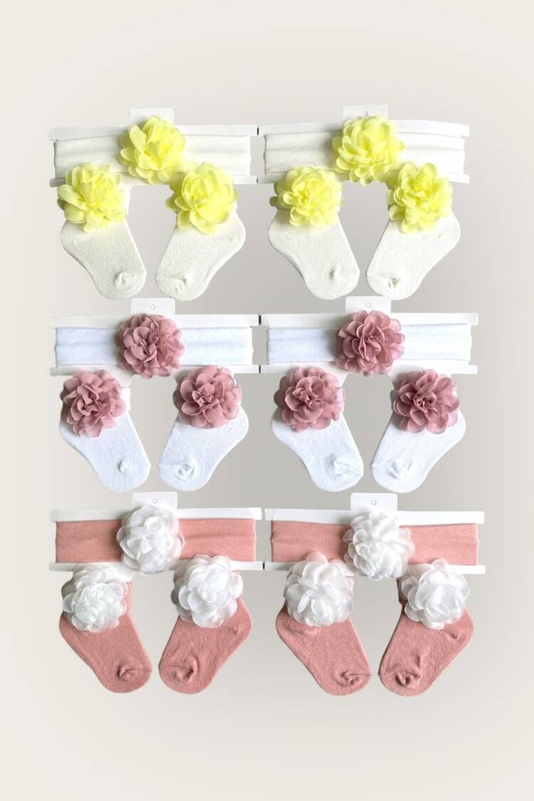 Other Accessories - Toptan Kız Bebek Çiçekli Bandana Çorap Set 0-6M 2047-1158 - Brand: Algiy Mini - Women & Kids, Baby Clothes Wholesale - Globality Store