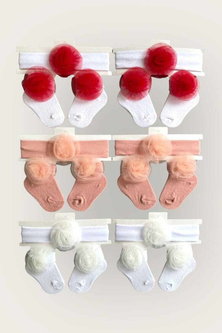 Other Accessories - Toptan Kız Bebek Çiçekli Bandana Çorap Set 0-6M 2047-1160 - Brand: Algiy Mini - Women & Kids, Baby Clothes Wholesale - Globality Store