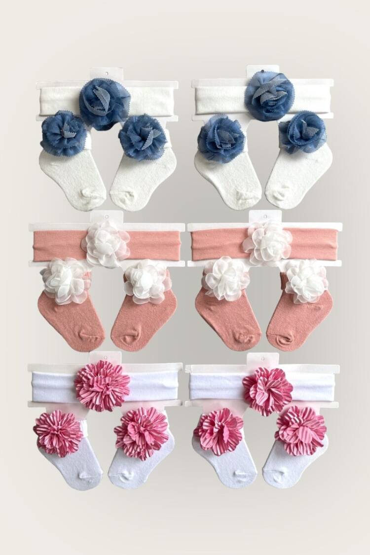 Other Accessories - Toptan Kız Bebek Çiçekli Bandana Çorap Set 0-6M 2047-1161 - Brand: Algiy Mini - Women & Kids, Baby Clothes Wholesale - Globality Store