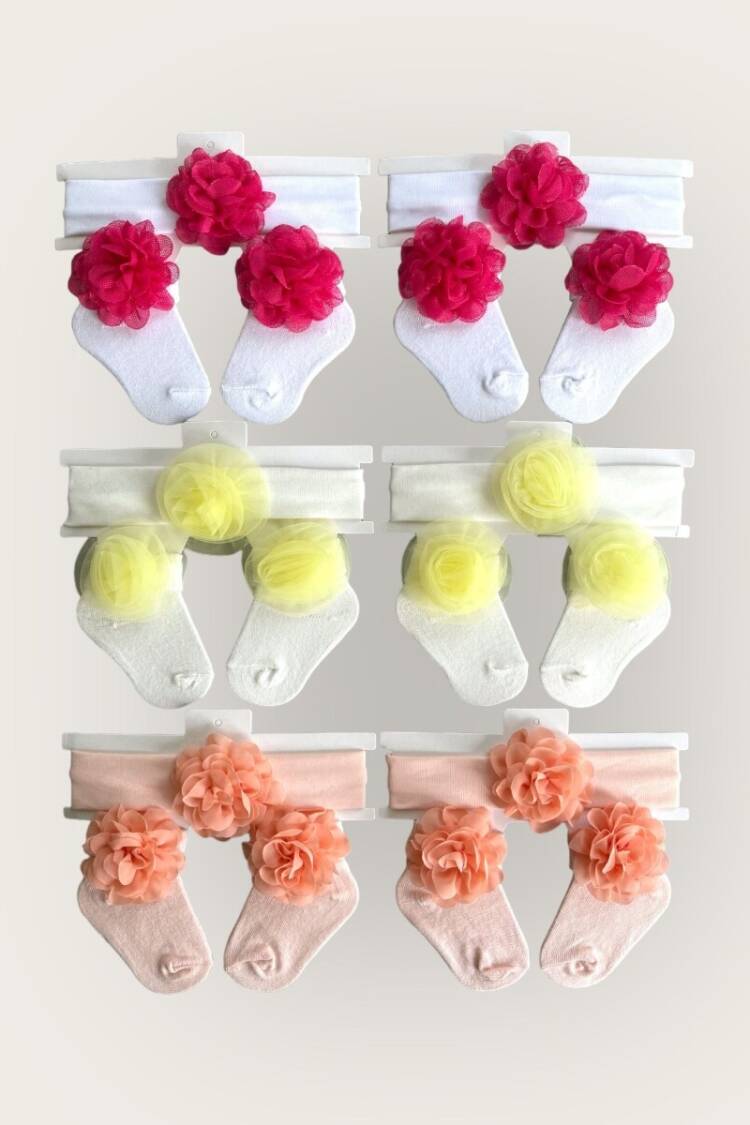 Other Accessories - Toptan Kız Bebek Çiçekli Bandana Çorap Set 0-6M 2047-1162 - Brand: Algiy Mini - Women & Kids, Baby Clothes Wholesale - Globality Store