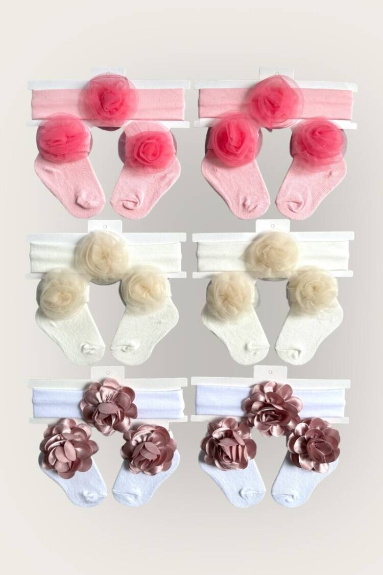 Other Accessories - Toptan Kız Bebek Çiçekli Bandana Çorap Set 0-6M 2047-1164 - Brand: Algiy Mini - Women & Kids, Baby Clothes Wholesale - Globality Store