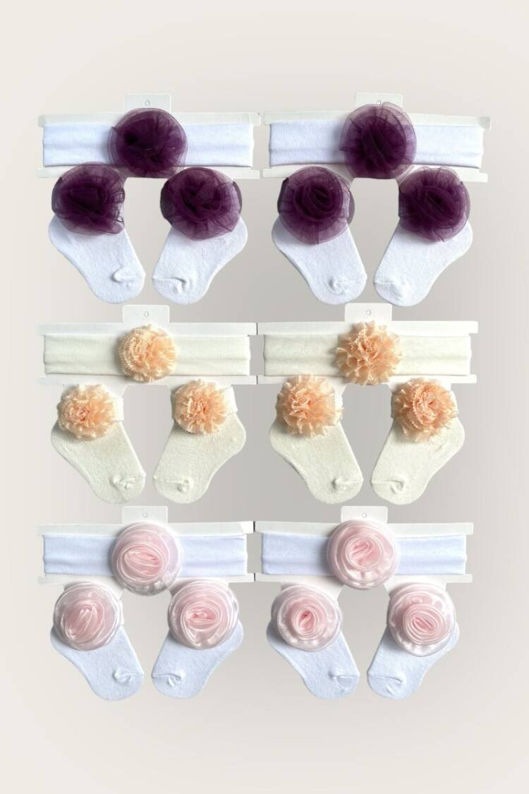 Other Accessories - Toptan Kız Bebek Çiçekli Bandana Çorap Set 0-6M 2047-1165 - Brand: Algiy Mini - Women & Kids, Baby Clothes Wholesale - Globality Store