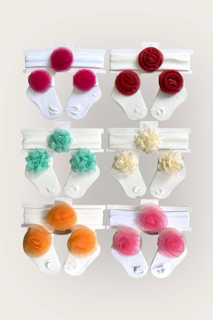 Other Accessories - Toptan Kız Bebek Çiçekli Bandana Çorap Set 0-6M 2047-1166 - Brand: Algiy Mini - Women & Kids, Baby Clothes Wholesale - Globality Store