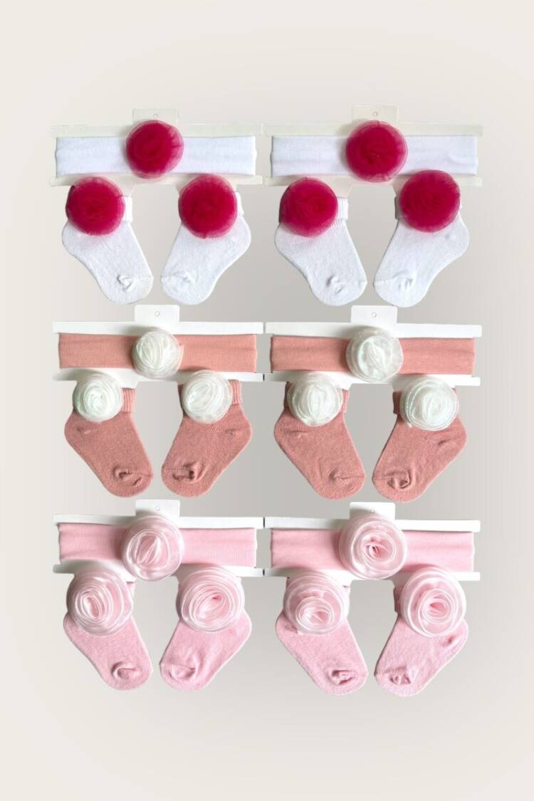 Other Accessories - Toptan Kız Bebek Çiçekli Taç ve Çorap Set 0-6M 2047-1157 - Brand: Algiy Mini - Women & Kids, Baby Clothes Wholesale - Globality Store