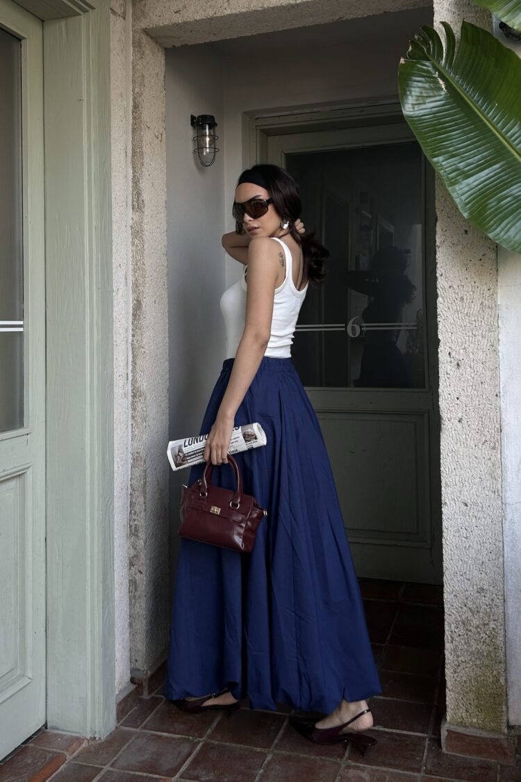 Navy Elastic Long Balloon Skirt 29004