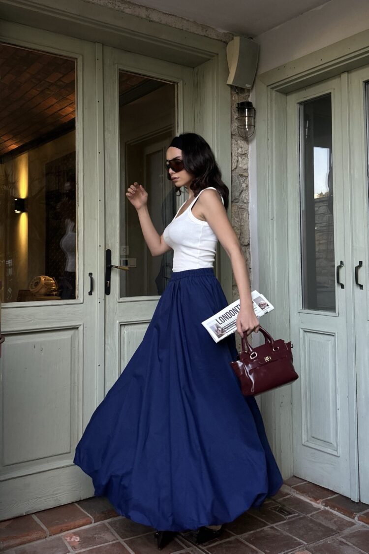 Navy Elastic Long Balloon Skirt 29004