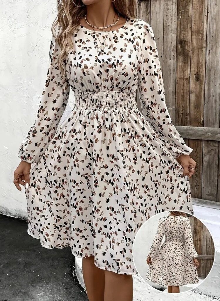 Beige Animal Print A-Line Dress With Long Sleeves