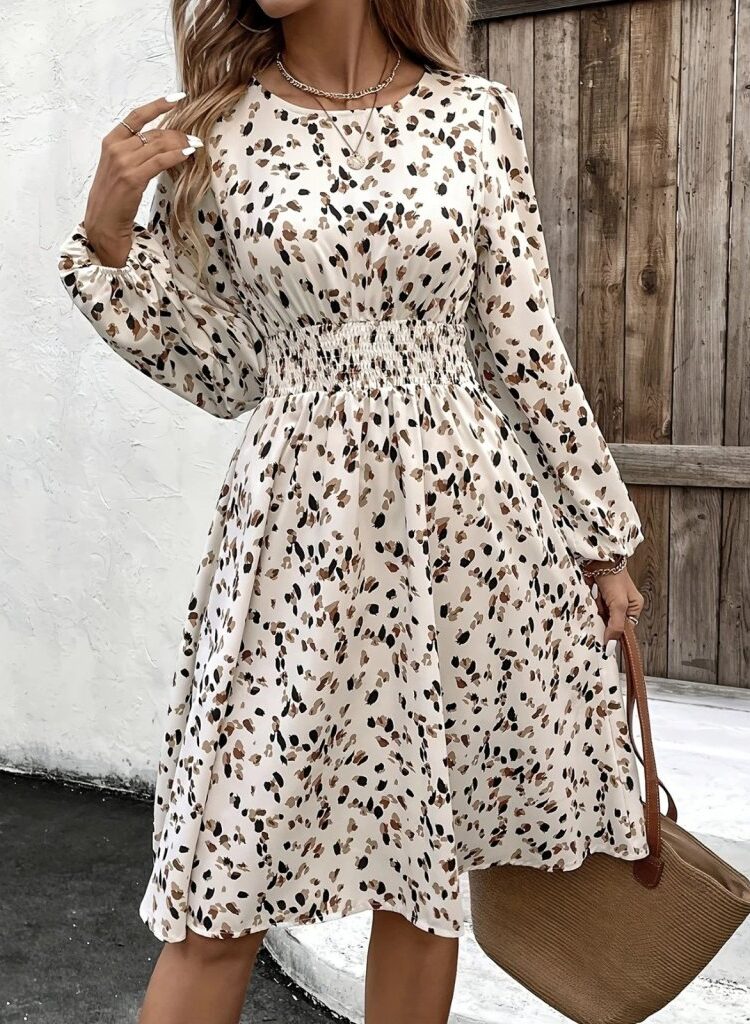 Beige Animal Print A-Line Dress With Long Sleeves