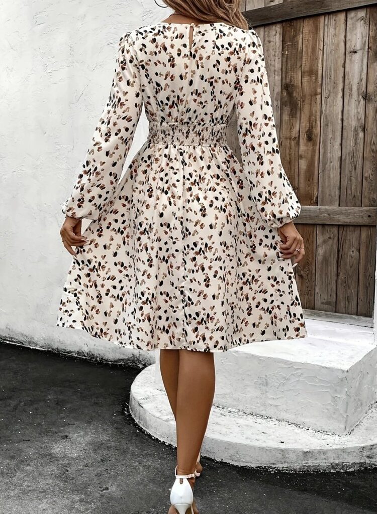 Beige Animal Print A-Line Dress With Long Sleeves