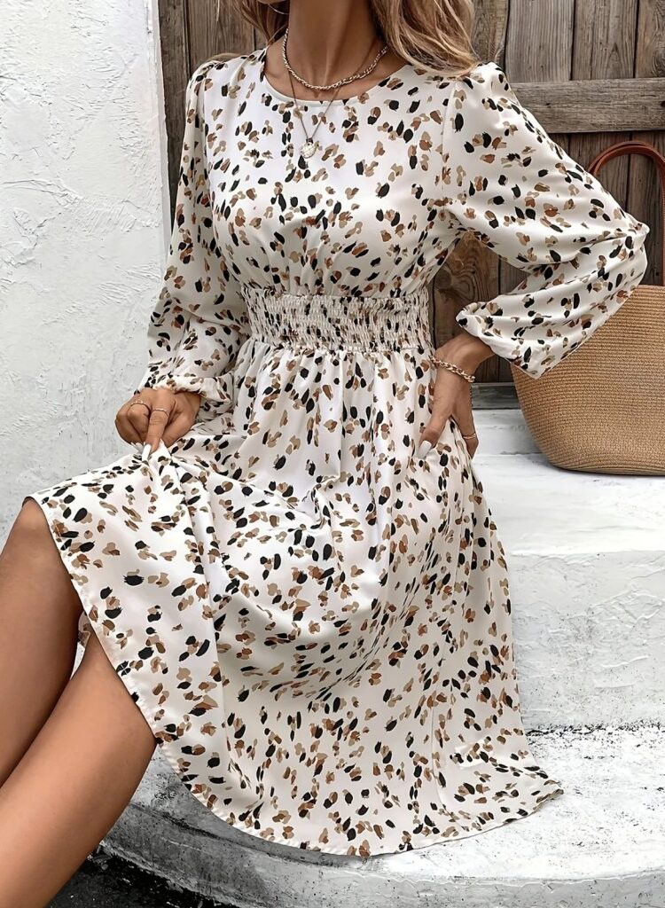 Beige Animal Print A-Line Dress With Long Sleeves - Brand: Janes - Women & Kids, Baby Clothes Wholesale - Globality Store