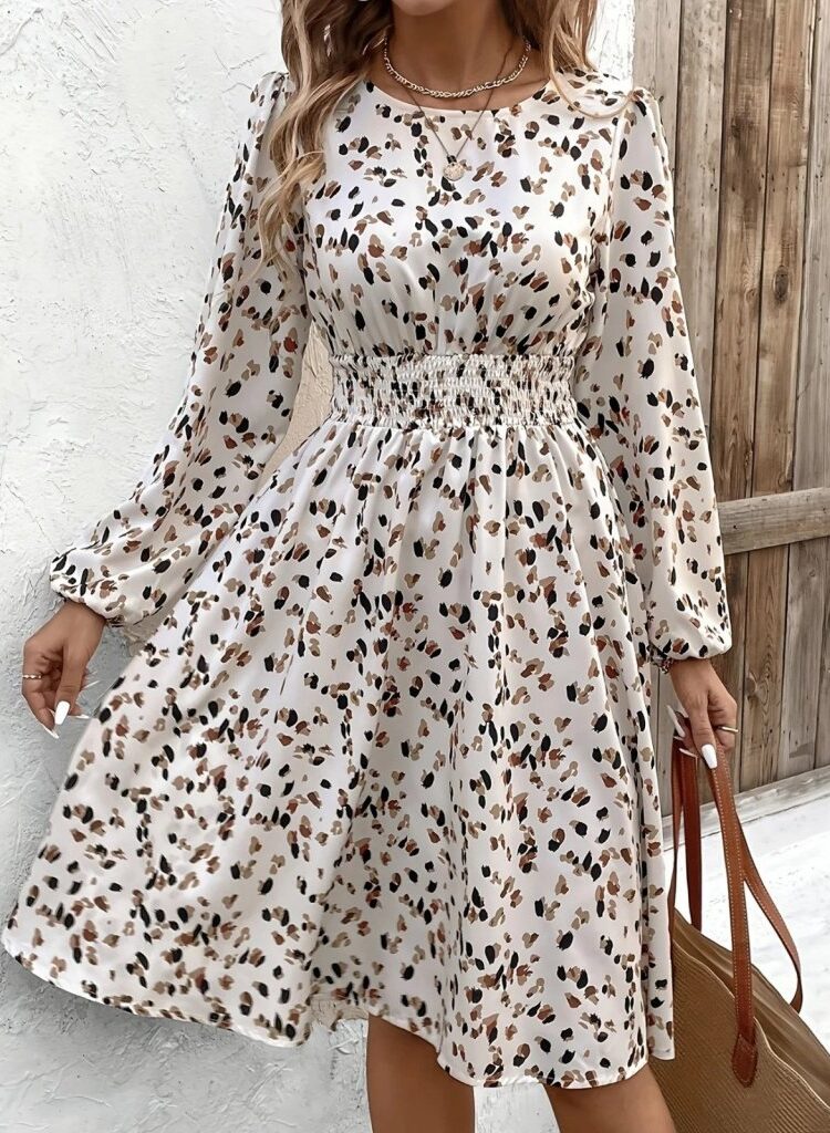 Beige Animal Print A-Line Dress With Long Sleeves