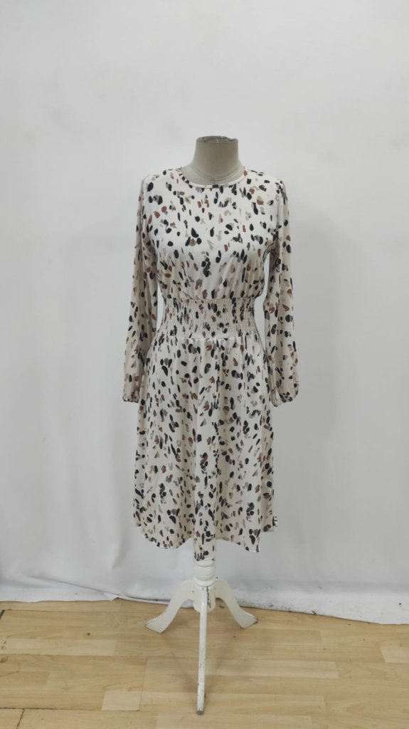 Beige Animal Print A-Line Dress With Long Sleeves