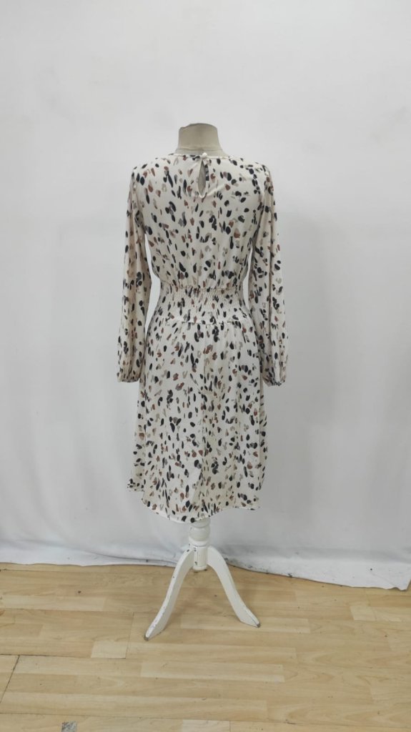 Beige Animal Print A-Line Dress With Long Sleeves
