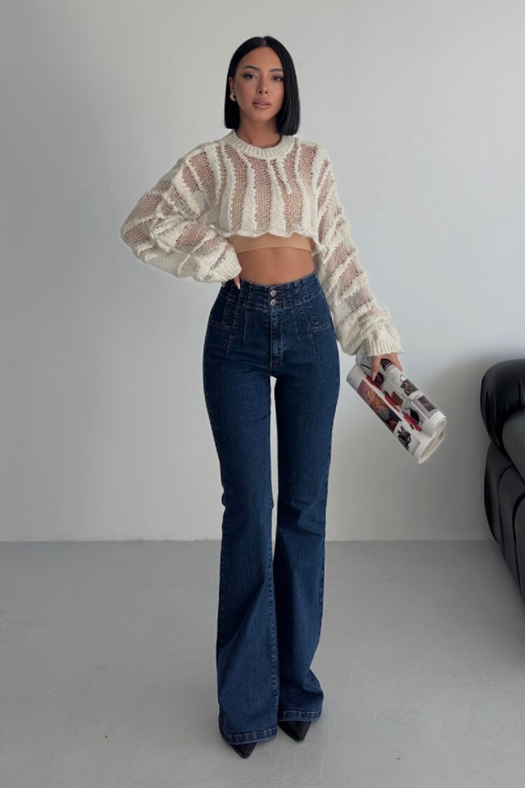 Blue Casual Retro Jeans With Flare Leg And High Waist