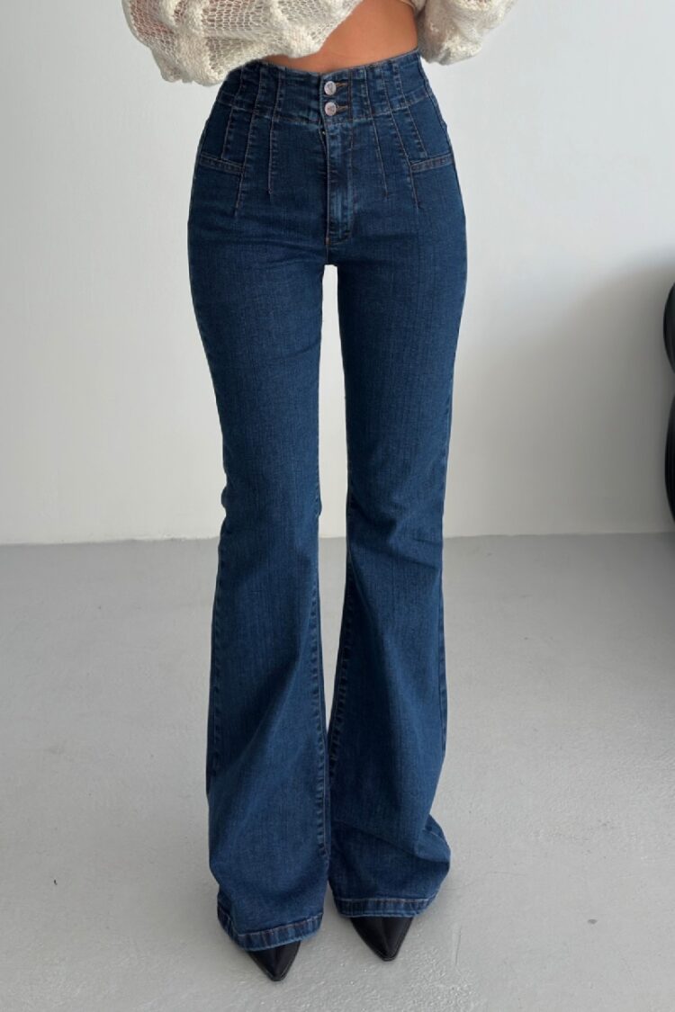 Blue Casual Retro Jeans With Flare Leg And High Waist