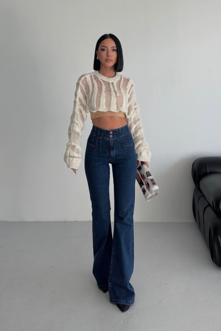 Blue Casual Retro Jeans With Flare Leg And High Waist