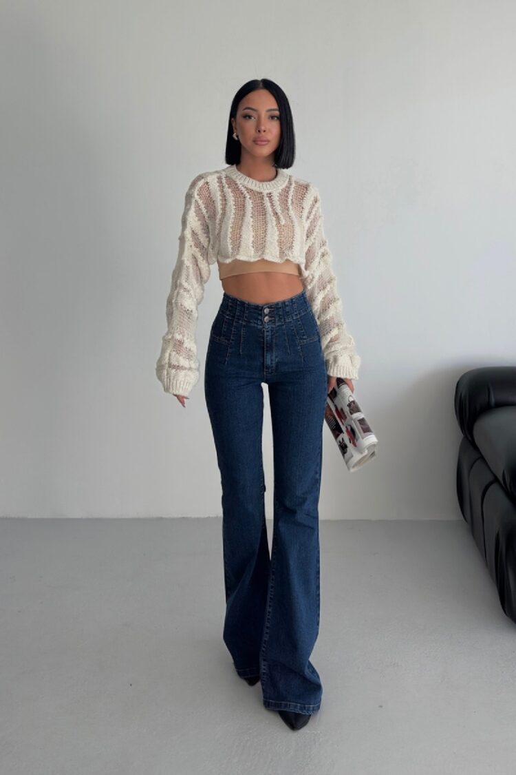 Blue Casual Retro Jeans With Flare Leg And High Waist