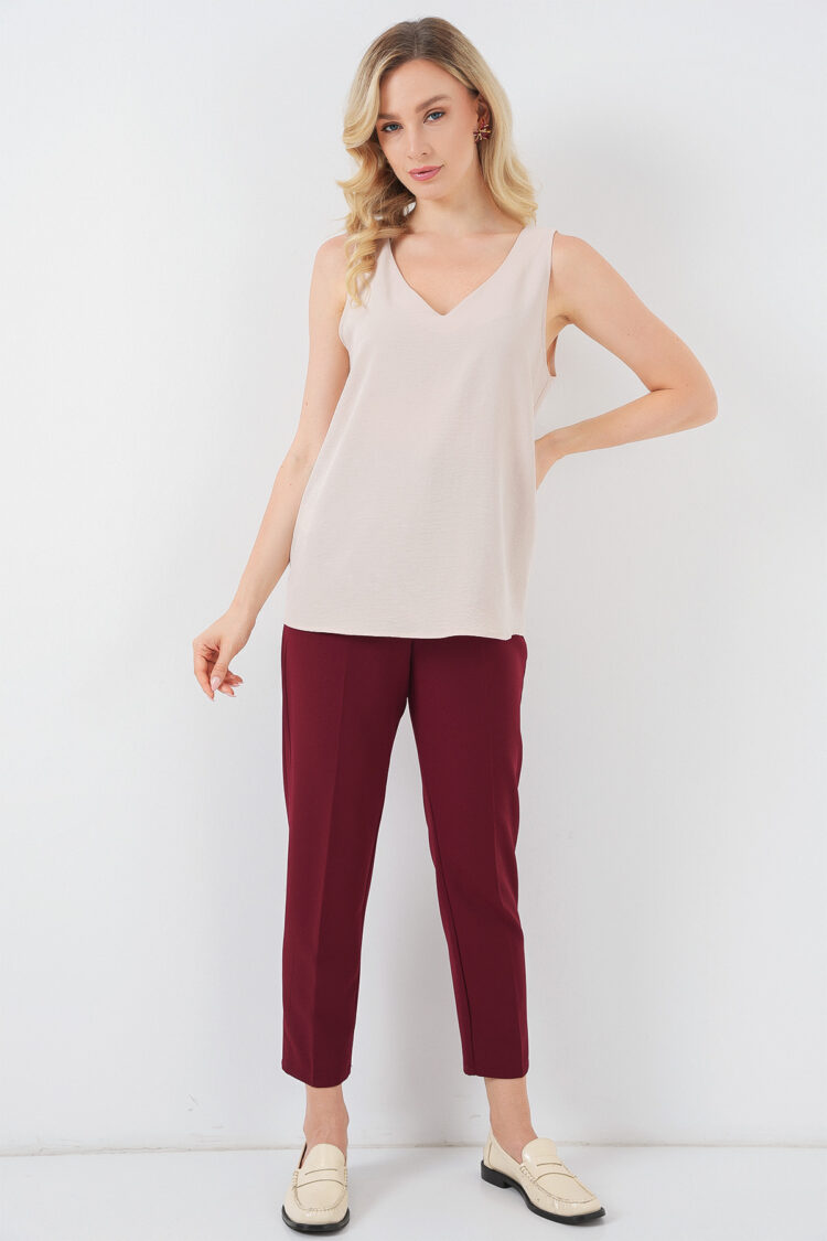 Beige Blouse With V-Neck And Cap Sleeves