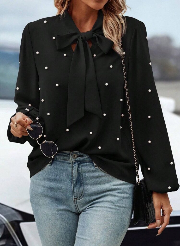 ElegantPolka Dot Blouse With Keyhole Neck