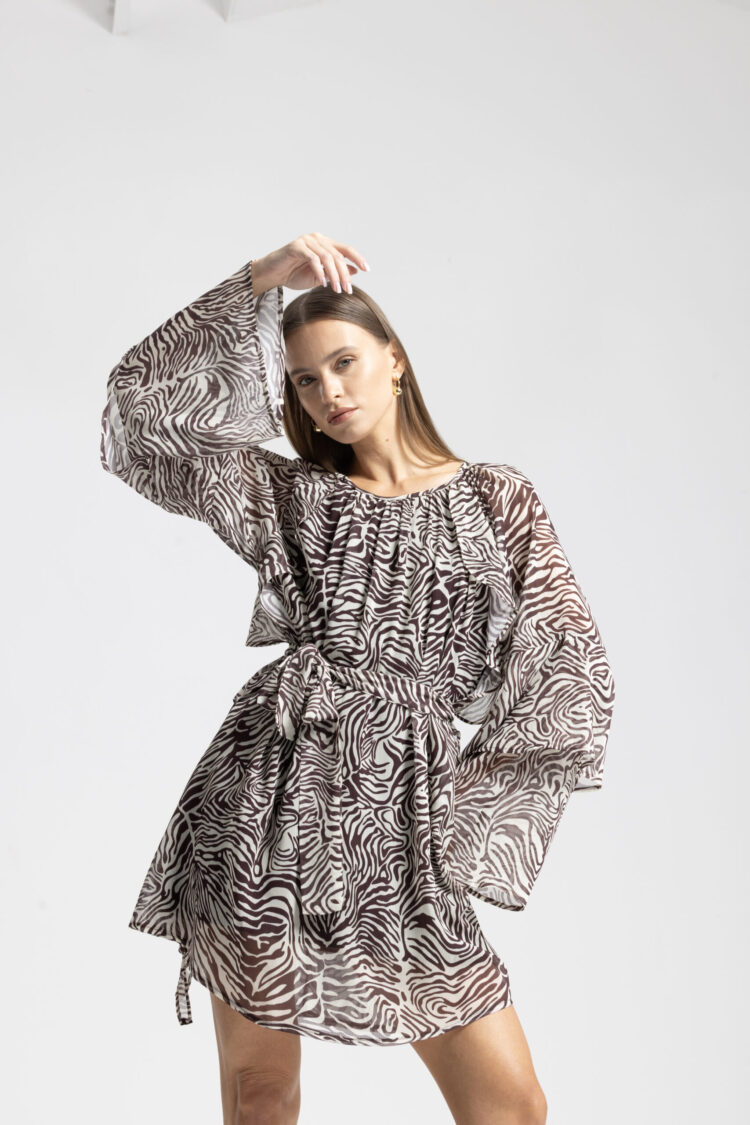 Brown Zebra Print Mini A-Line Dress With Bell Sleeves - Brand: Cream Rouge - Women & Kids, Baby Clothes Wholesale - Globality Store