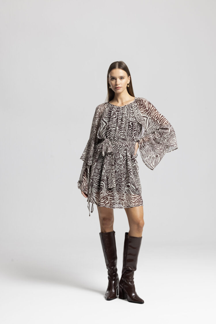 Brown Zebra Print Mini A-Line Dress With Bell Sleeves