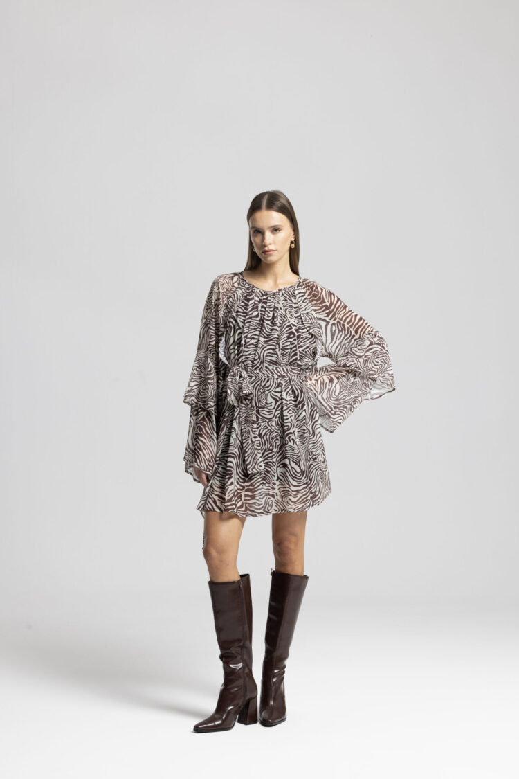 Brown Zebra Print Mini A-Line Dress With Bell Sleeves
